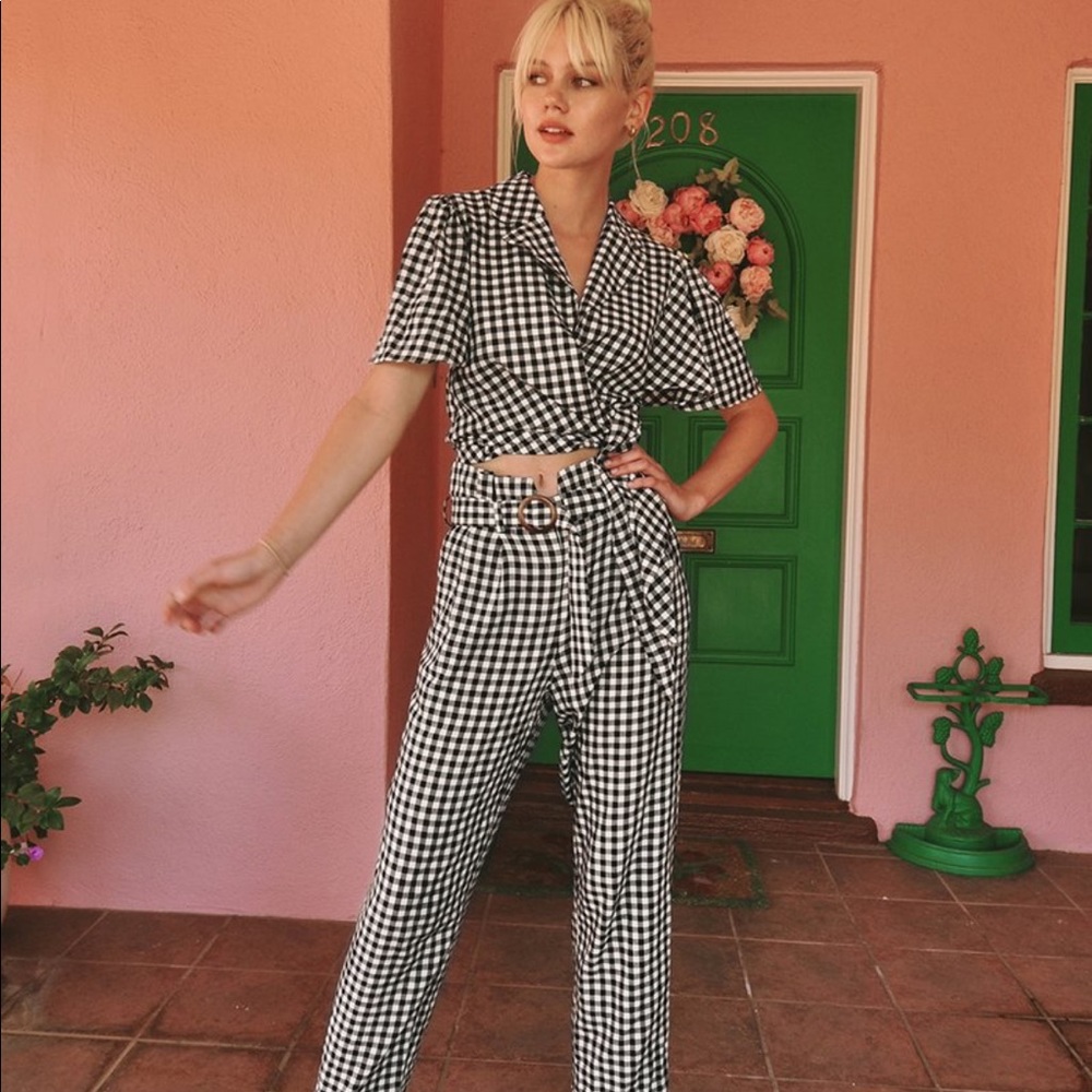 leRumi Violet Cropped Gingham Wrap Top and pants